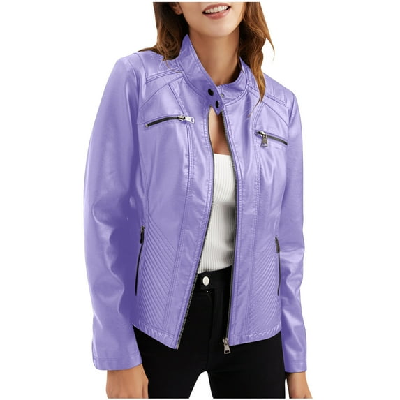TAGOLD Womens Coats,Women's Casual Leather Jacket With Standing Collar Slim Fitting Jacket Solid Color For Women