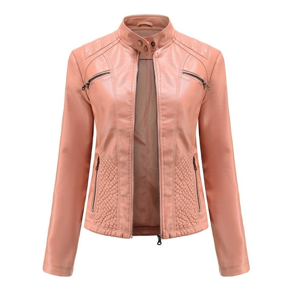 TAGOLD Womens Coats,Women's Leather Standing Collar Slim Fitting Motorcycle Jacket Leather Jacket