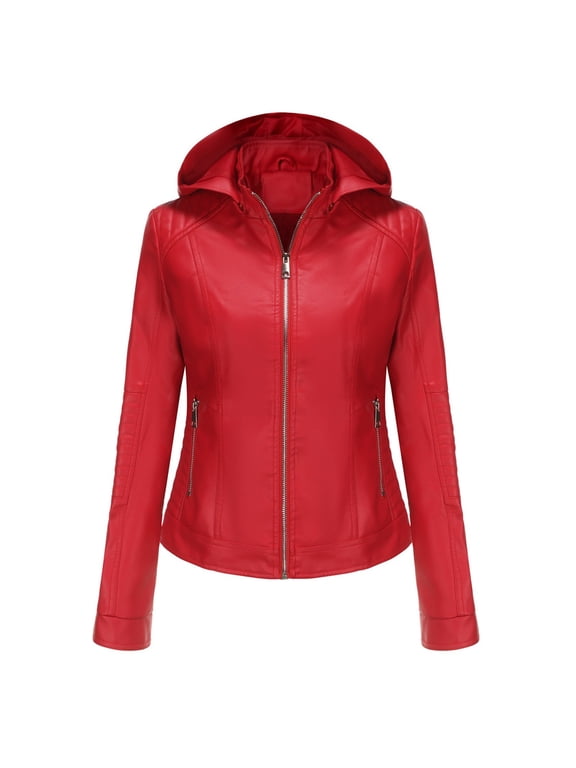 Womens Coats,Women's Leather Standing Collar Slim Fitting Zipper Hood (detachable) Jacket Leather Coat