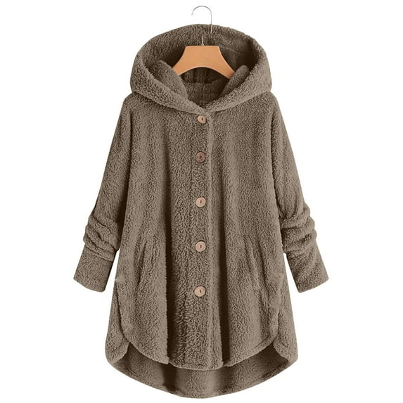 TAGOLD Womens Fall Winter Coat Jacket, Winter Cardigan for Womens, Women Plus Size Button Plush Tops Hooded Loose Cardigan Wool Coat Winter Jacket