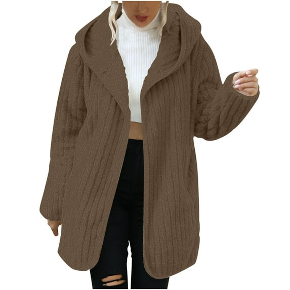 Fall Winter Savings Clearance 2024! TAGOLD Womens Fall Winter Coat Jacket, Winter Cardigan for Womens, Women Solid Color Hooded Loose Double-Sided Plush Buttonless Cardigan Jacket