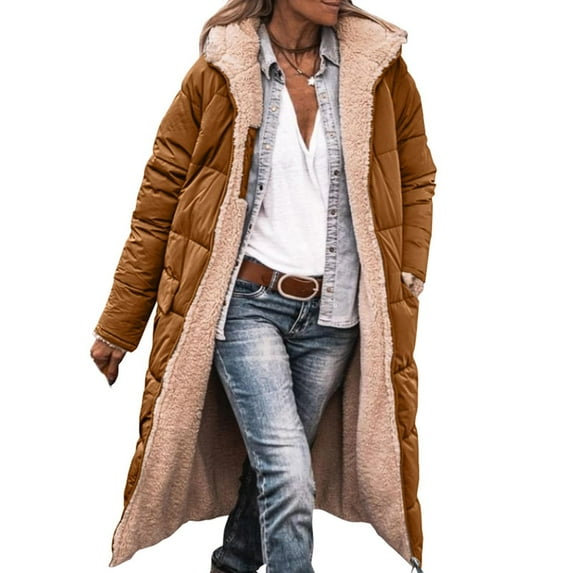 TAGOLD Womens Fall Winter Coat Jacket, Winter Cardigan for Womens, Women's Imitation Patchwork Medium Length Hooded Coat