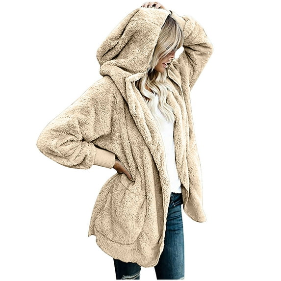 TAGOLD Womens Fall Winter Coat Jacket, Winter Cardigan for Womens, Women's Oversized Open Front Hooded Draped Pockets Cardigan Coat