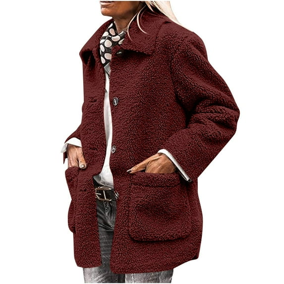 TAGOLD Womens Winter Coats,Women's Solid Winter Faux Coats Long Sleeve Lapel Pockets Fleece Jacket Casual Trendy Outerwear