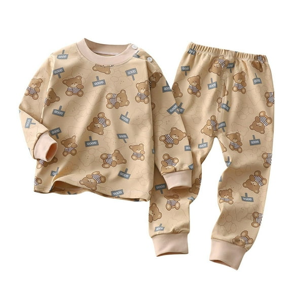 Abtuhar Toddler Boy Pajamas,Baby Boys Print Long Sleeve Top and Pants Cotton 2 Piece Pajama Sets Khaki 18-24 Months
