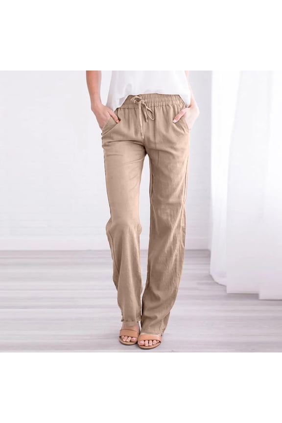 Womens Slacks Women Juniors Cotton Linen Pants Elastic High Waist Wide Leg Palazzo Lounge Pants Free Relaxed Fit Straight Leg Pants Casual Loose Trousers with Pockets Plus Size Dark Blue