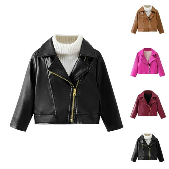 AKAFMK Kids Baby Toddler Girls Long Sleeves Leather Jackets,Toddler Kids Girl Motorcycle Jacket Faux Leather Winter Coat Baby Girls Zipper Outwear