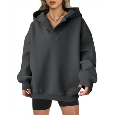 Summer Savings AKAFMK Oversized Womens Hoodie Sweatshirts,Fashion Women's Solid Color Casual Loose V-Neck Overlapping Hoodie Long Sleeved Hoodie Dark Gray 2XL