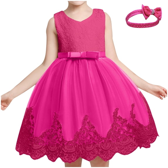 abtuhar Flower Girl Dress,Toddler Dress,Girls'Summer New Sleeveless Ruffled Lace Round-Neck Embroidery Mesh Princess Bow Skirt Hot Pink 6-7 Years