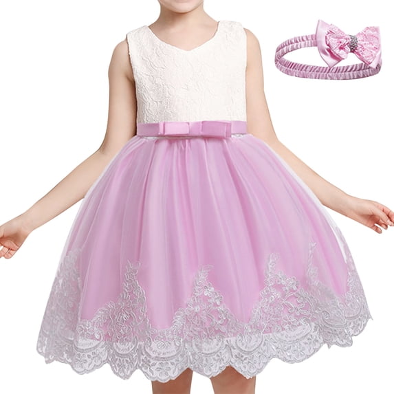 abtuhar Flower Girl Dress,Toddler Dress,Girls'Summer New Sleeveless Ruffled Lace Round-Neck Embroidery Mesh Princess Bow Skirt Purple 4-5 Years
