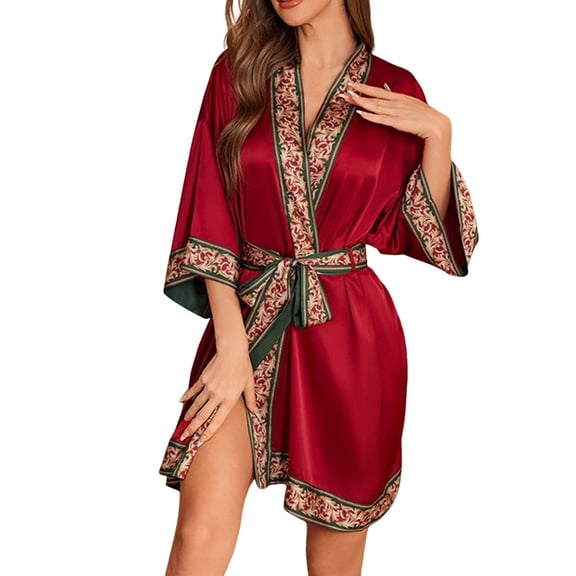 abtuhar Silk Robes for Womens,Silk Robes for Women Sexy Lingerie Bridesmaid Party 3/4 Sleeve Lace Bathrobe Red