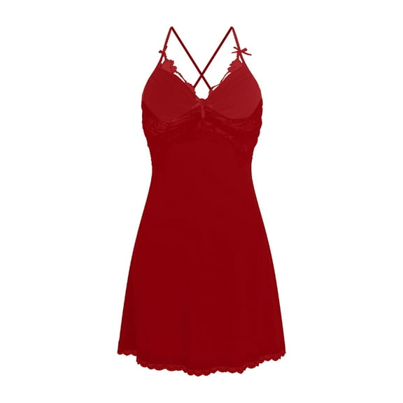 abtuhar Spaghetti Strap Dresses for Women,Women Sexy Sleepwear Lace Chemise Nightgown Full Slip Sleepwear Red L