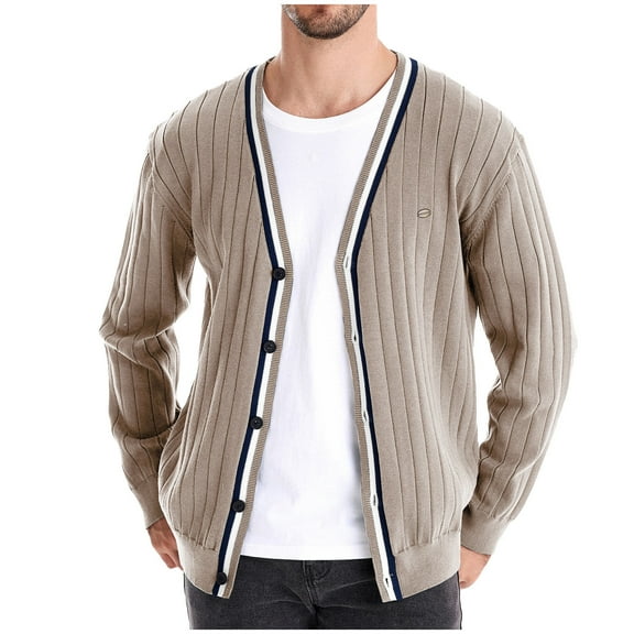 ibuvkizy Cardigan Sweaters for Men's Round Neck Knitted Pullover Long Sleeved Base Shirt Top Sweater Beige,S