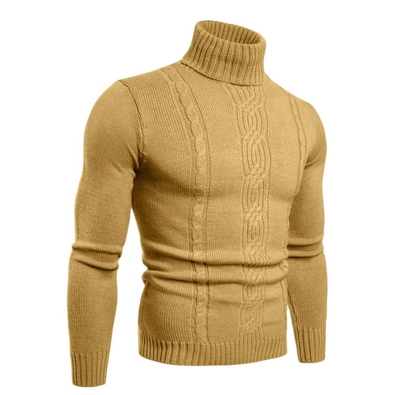 ibuvkizy Mens Turtleneck Sweaters Fashion Men's Solid Temperament Long Sleeve Keep Warm Turtleneck Sweater Khaki,L