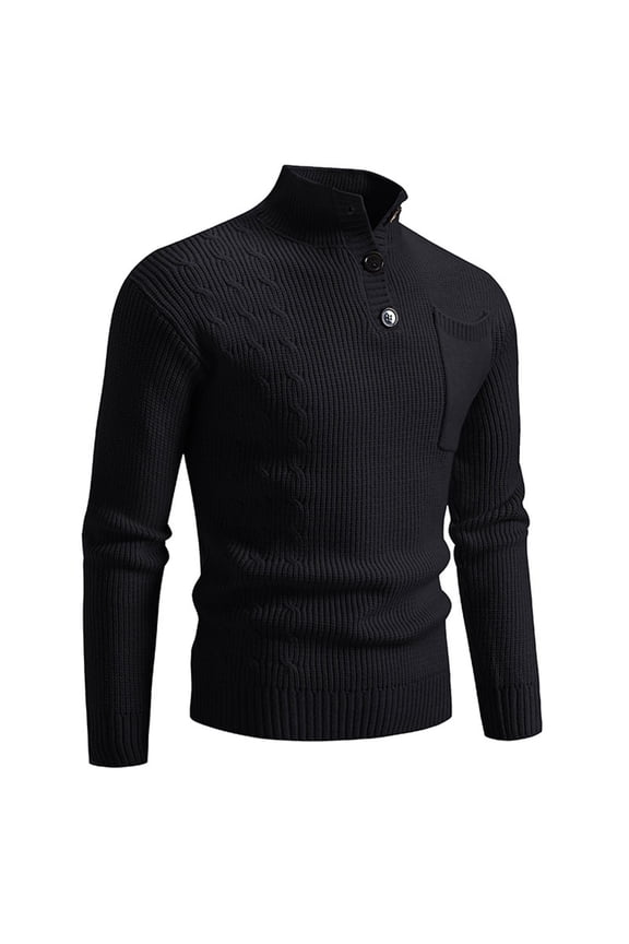 Mens Turtleneck Sweaters Man Solid Color Knitted Button-pocket Half-turtleneck Sweater Black,XL