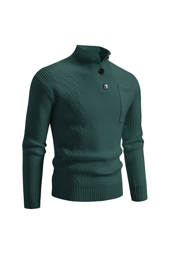 Mens Turtleneck Sweaters Man Solid Color Knitted Button-pocket Half-turtleneck Sweater Green,M