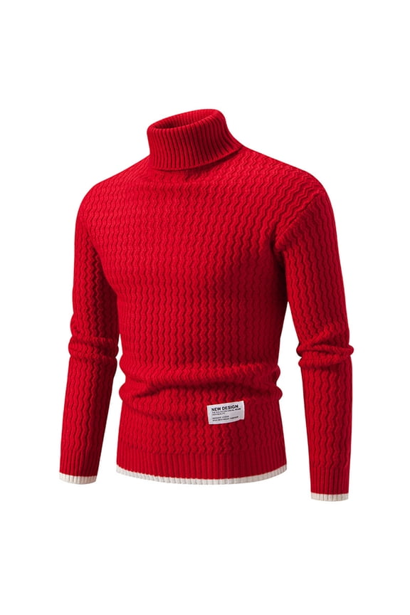 Mens Turtleneck Sweaters NEW DESIGN Man Solid Color Long Sleeve Knit Choker Sweater Red,M