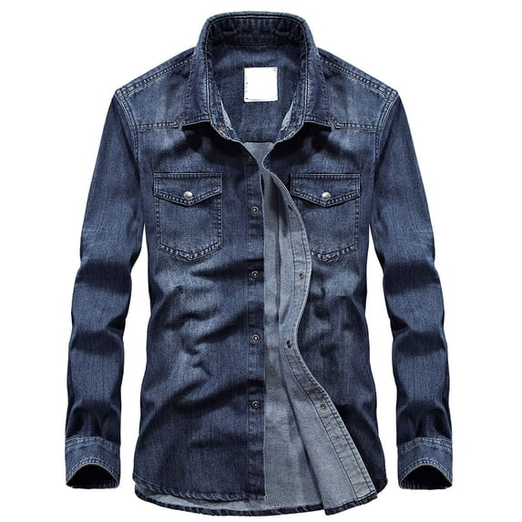 Fall Winter Savings Miqool Men's Slim-Fit Long-Sleeve Washed Denim Shirt Casual Vintage Lapel Button Down Shirt Jean Shirt Cotton Work Shirts with Chest Pockets
