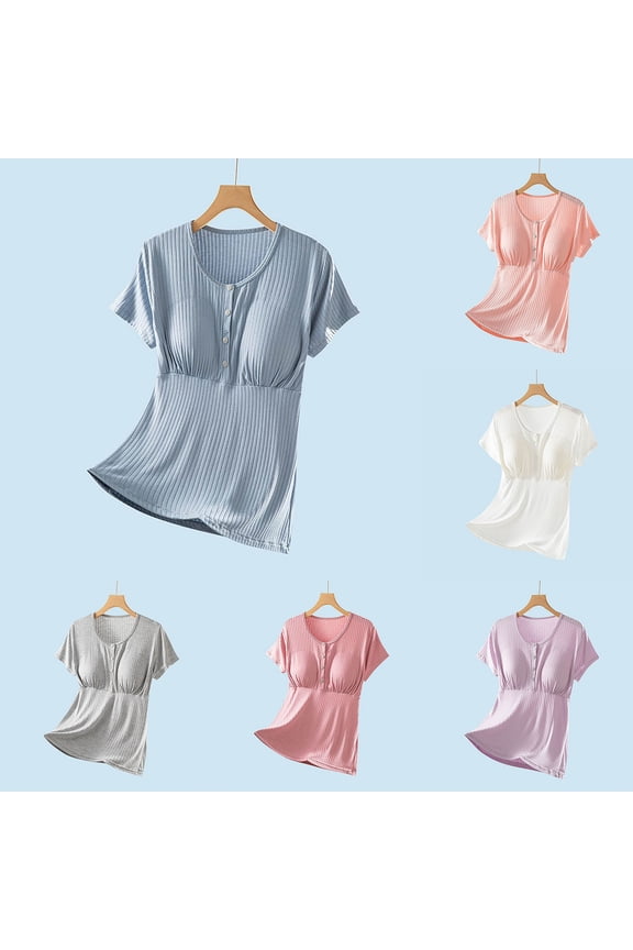 Maternity Short Sleeve Pajama Two Piece Sets, Fall Short Pants Set, Women Built in Bra Stretch Plus Size Top Maternity Nursing with Snap Buttons Purple, XXXL