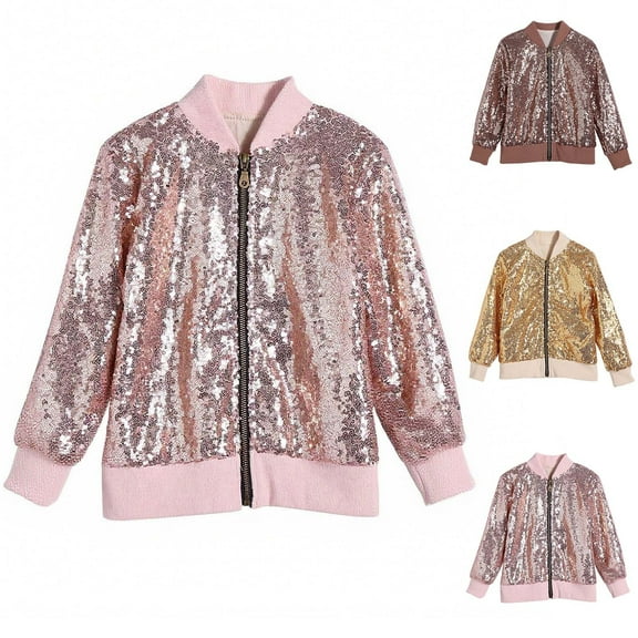 Swuxness Toddler Casual Warm Coat, Kids Fall Long Sleeve Jacket, Toddler Print Long Sleeve Sequined Zip Up Baseball Jacket Outerwear for Little Boys and Girls Pink, 3-4 Years