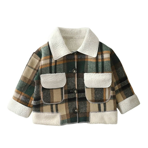 Swuxness Toddler Fleece Warm Casual Jacket, Kids Fall Long Sleeve Jacket, Toddler Plaid Button Turn Down Collar Casual Outerwear Jacket for Boys and Girls Khaki, 3-4 Years