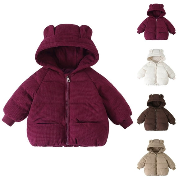 Swuxness Toddler Hooded Warm Fleece Coat, Kids Winter Long Sleeve Jacket, Toddler Solid Color Corduroy Zip Up Jacket with Front Pockets for Boys and Girls Wine, 1-2 Years