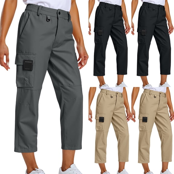 Swuxness Women Casual Cargo Pants, Womens Cropped Pants, Women Solid Color Elastic Waist Ankle Length Slim Fitted Casual Cargo Pants with Pockets for Everyday Wear Gray, M