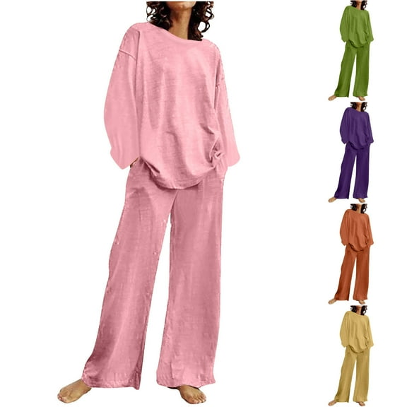 Swuxness Women Casual Long Sleeve Two Piece Set, Women Straight Leg Pants Sets, Women's Solid Color Crew Neck Drop Shoulder Top and Loose Pants Outfit Sets Yellow, M