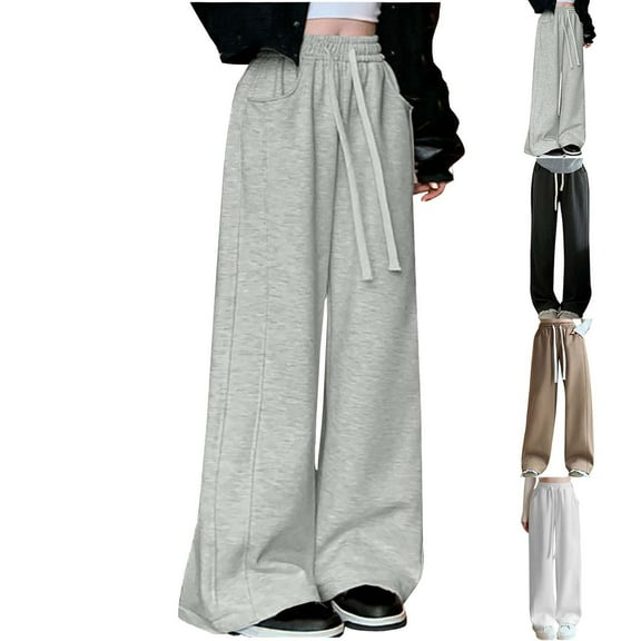 Swuxness Women Casual Sports Straight Leg Pants, Womens Fall Long Pants, Women Solid Color Comfortable Elastic Waist Soft Wide Leg Pants with Side Pockets Gray, S