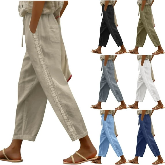 Swuxness Women Casual Straight Leg Pants, Womens Fall Long Pants, Women Lace Drawstring Waist Wide Leg Loose Fitted Pants with Side Pockets for Ladies Daily Wear Gray, XL