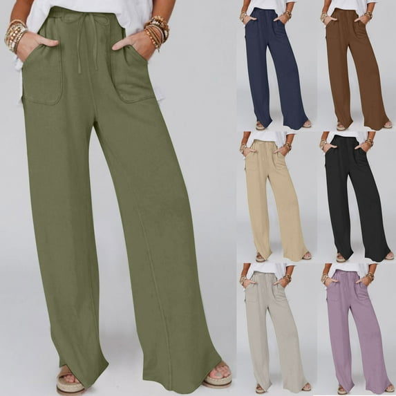 Swuxness Women Casual Straight Leg Pants, Womens Fall Long Pants, Women's Solid Color Drawstring Waist Relaxed Fitted Wide Leg Full Length Pants with Pockets Gray, XXXL