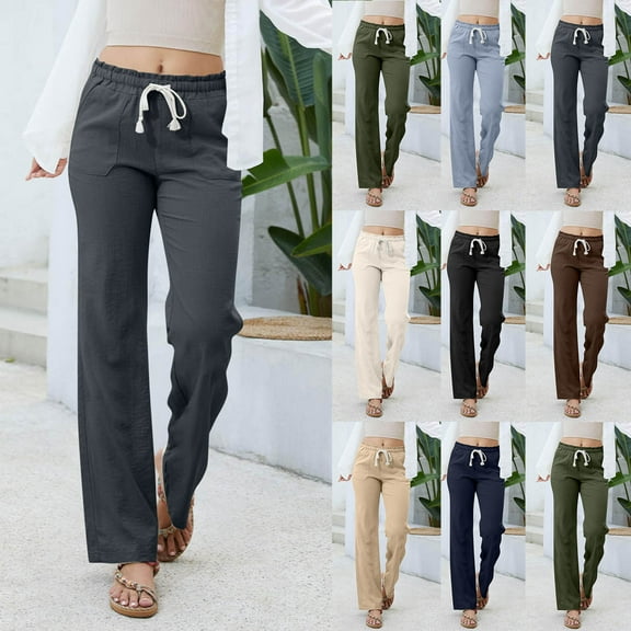Swuxness Women Casual Straight Leg Pants, Womens Fall Long Pants, Women's Solid Color Soft Comfortable Pants with Stretch Waist Tie Drawstring and Pockets Blue, XL