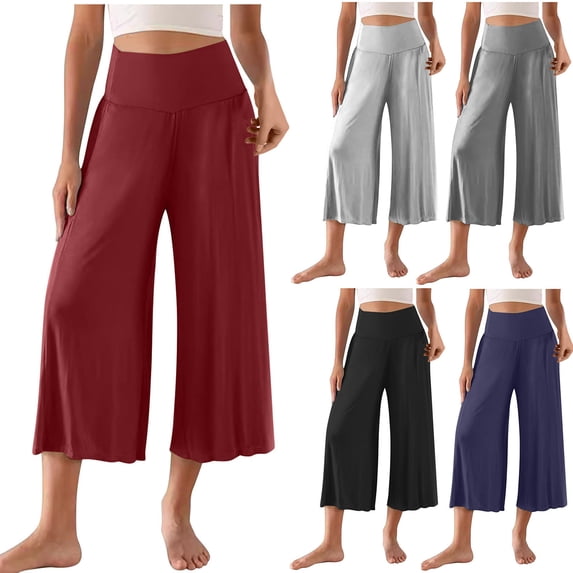 Swuxness Women Casual Wide Leg Pants, Womens Cropped Pants, Women's Fashion Solid Color Loose Breathable Soft Comfortable Casual Wide Leg Cropped Pants Wine, M