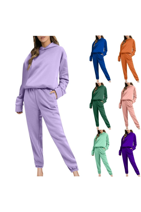 Women Long Sleeve Sweatshirt Two Piece Set, Women Sweatsuits, Women's Solid Color Casual Pullover Round Neck Hooded Pants Soft Outfit Sets Green, XXXL