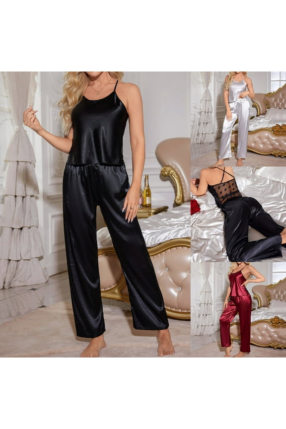 Women's Camisole Pajama Two Piece Sets, Fall Long Pants Set, Women's Solid Color Mesh Splicing Camisole Top Backless Soft Comfortable Pajama Set for Ladies Black, XL