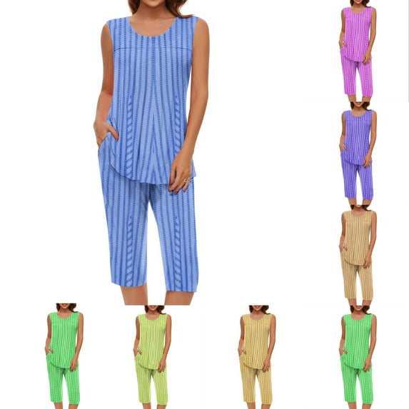 Swuxness Women's Camisole Pajama Two Piece Sets, Fall Short Pants Set, Women's Striped Crew Neck Soft Comfortable Breathable Pajama Set for Ladies Orange, XL