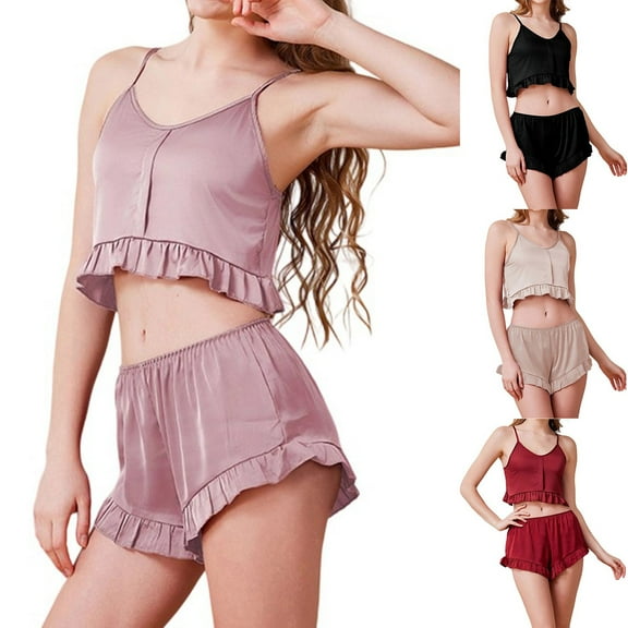 Swuxness Women's Camisole Pajama Two Piece Sets, Fall Short Pants Set, Womens Solid Color Comfortable Soft Casual Home Wear Sleepwear Loungewear Set for Ladies Red, M