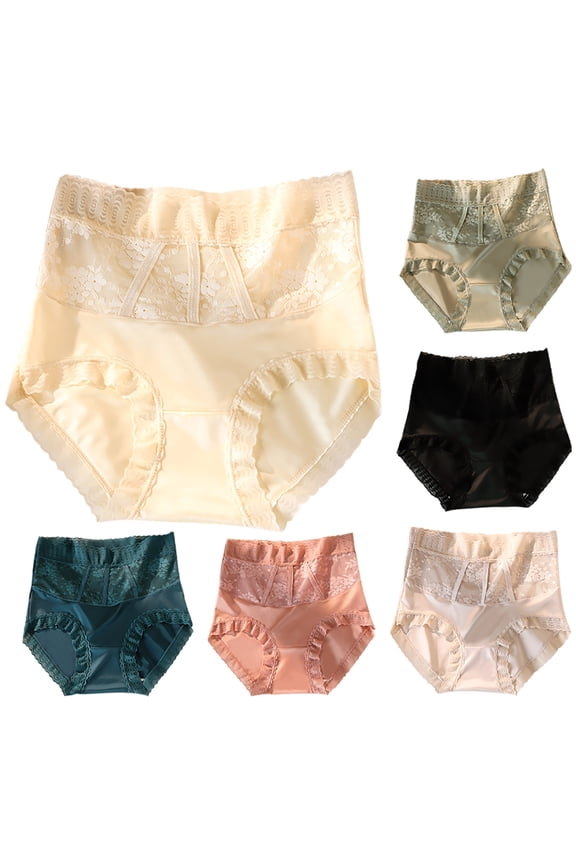 Women's Lace Breathable Underwear, Panties for Women, Women's Mid High Waisted Lace Hip Lifting Abdominal Tightening Ice Silk Satin Seamless Sports Panties Beige, L