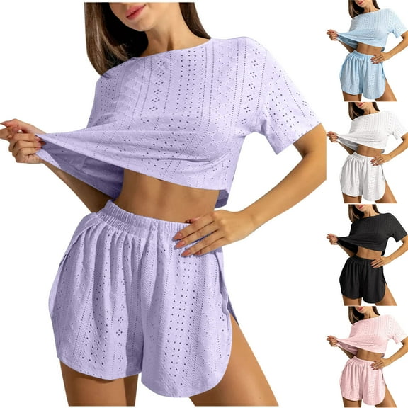 Swuxness Women's Short Sleeve Pajama Two Piece Sets, Fall Short Pants Set, Women's Solid Color Crew Neck Fashion Casual Soft Comfortable Breathable Pajama Set Purple, M