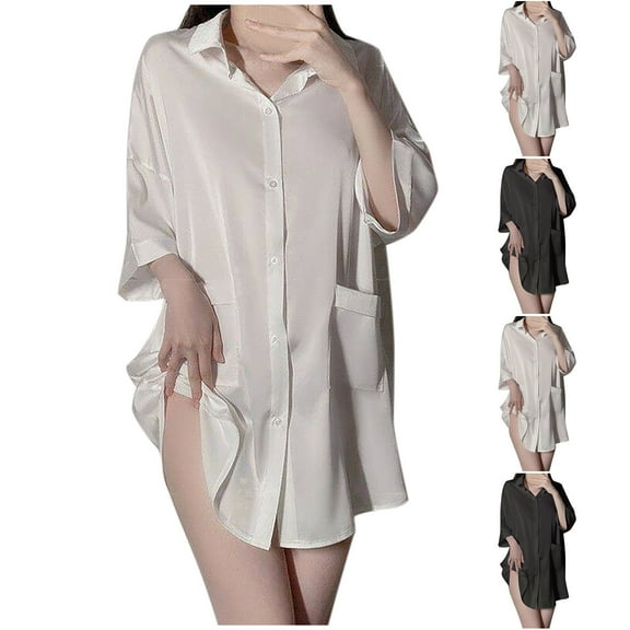 Swuxness Women's Short Sleeved Shirt Pajamas Dress, Nightgowns for Women, Womens Print Shirt Dress Style Loose Fitted Soft Comfortable Breathable Nightgowns for Home White, M