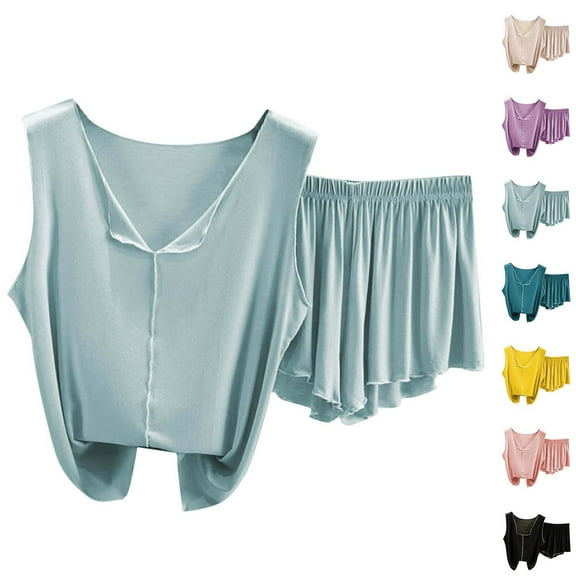 Swuxness Women's Sleeveless Pajama Two Piece Sets, Fall Short Pants Set, Women's Plus Size V Neck Camisole Top Loungewear Comfortable Soft Breathable Set Yellow, M