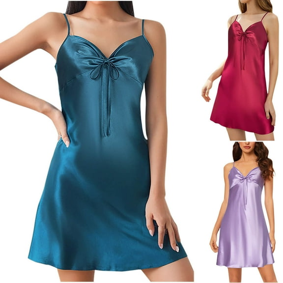 Swuxness Women's V Neck Sleeveless Pajama Dress, Women's Nightgowns, Women's Loose Solid Color Bowknot Ruched Lace Trimmed Spaghetti Strap Camisole Long Nightgowns Blue, M