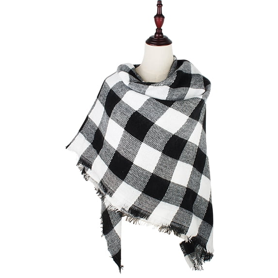 Fall Winter Scarf Classic Tassel Plaid Tartan Scarf Warm Soft Chunky Large Blanket Wrap Shawl Scarves for Women Black White Buffalo Check for Christmas