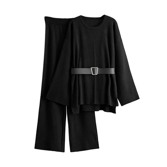 Fall Winter Sweater Sets Women 2 Piece Lounge Sets Long Sleeve Knit Pullover Tops Wide Leg Pants with Belt