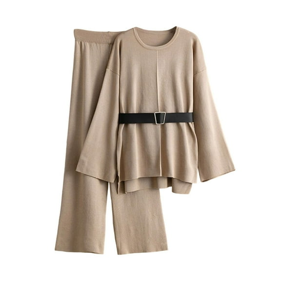 Fall Winter Sweater Sets Women 2 Piece Lounge Sets Long Sleeve Knit Pullover Tops Wide Leg Pants with Belt