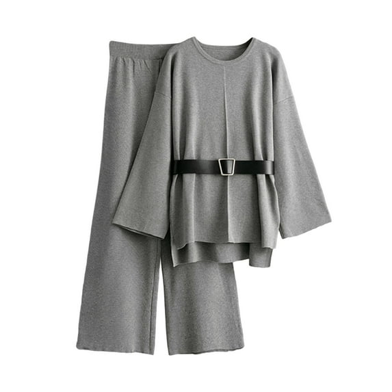 Fall Winter Sweater Sets Women 2 Piece Lounge Sets Long Sleeve Knit Pullover Tops Wide Leg Pants with Belt