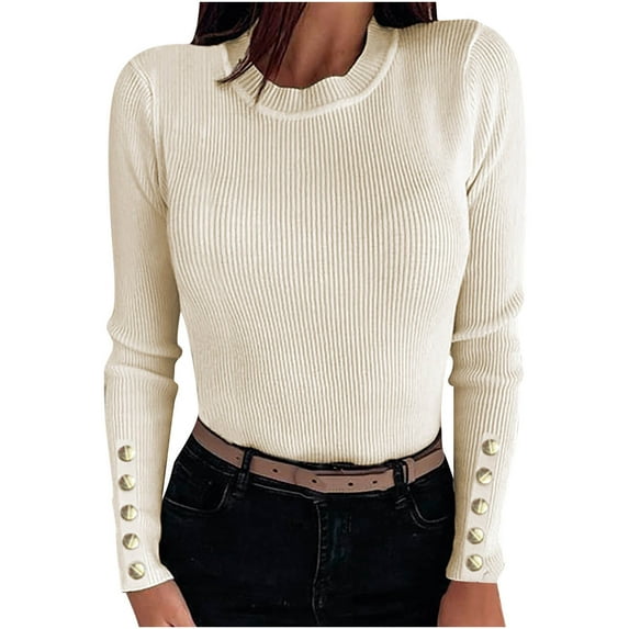 Fall and Winter Sweater for Women Ribbed Knit Sweater Top Button Long Sleeve Sweater Slim Fit Mock Neck Sweater Jumper Tops Women Sweaters Cheap