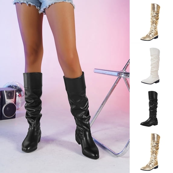Fall Winter Tall Boots for Women, Gogo Knee High Boots, Low Block Heel Boots Ladies Party Dance Shoes