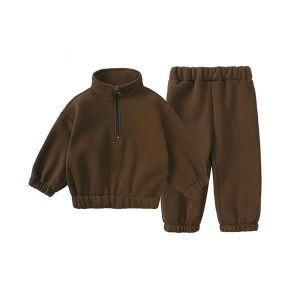 Fall Winter Toddler Baby Clothes Fleece Quarter Zip Sweatshirt Set Kids Warm Long Sleeve Solid Color 2PCS Outfit