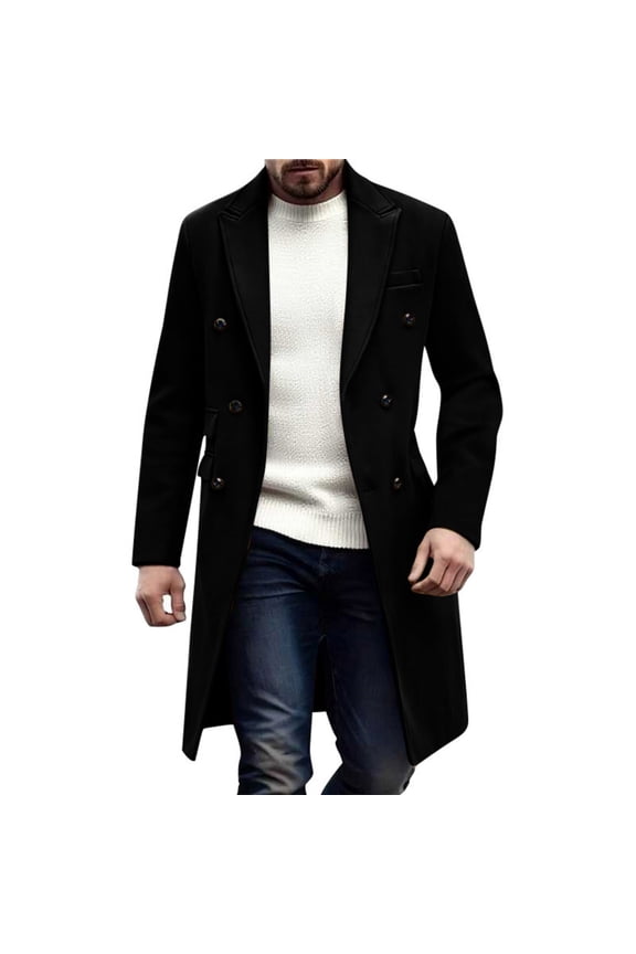 Fall Winter Trench Coat for Men Long Peacoat Double Breasted Wool Overcoat Casual Notched Lapel Business Jacket New Mens Lightweight Jackets Black M